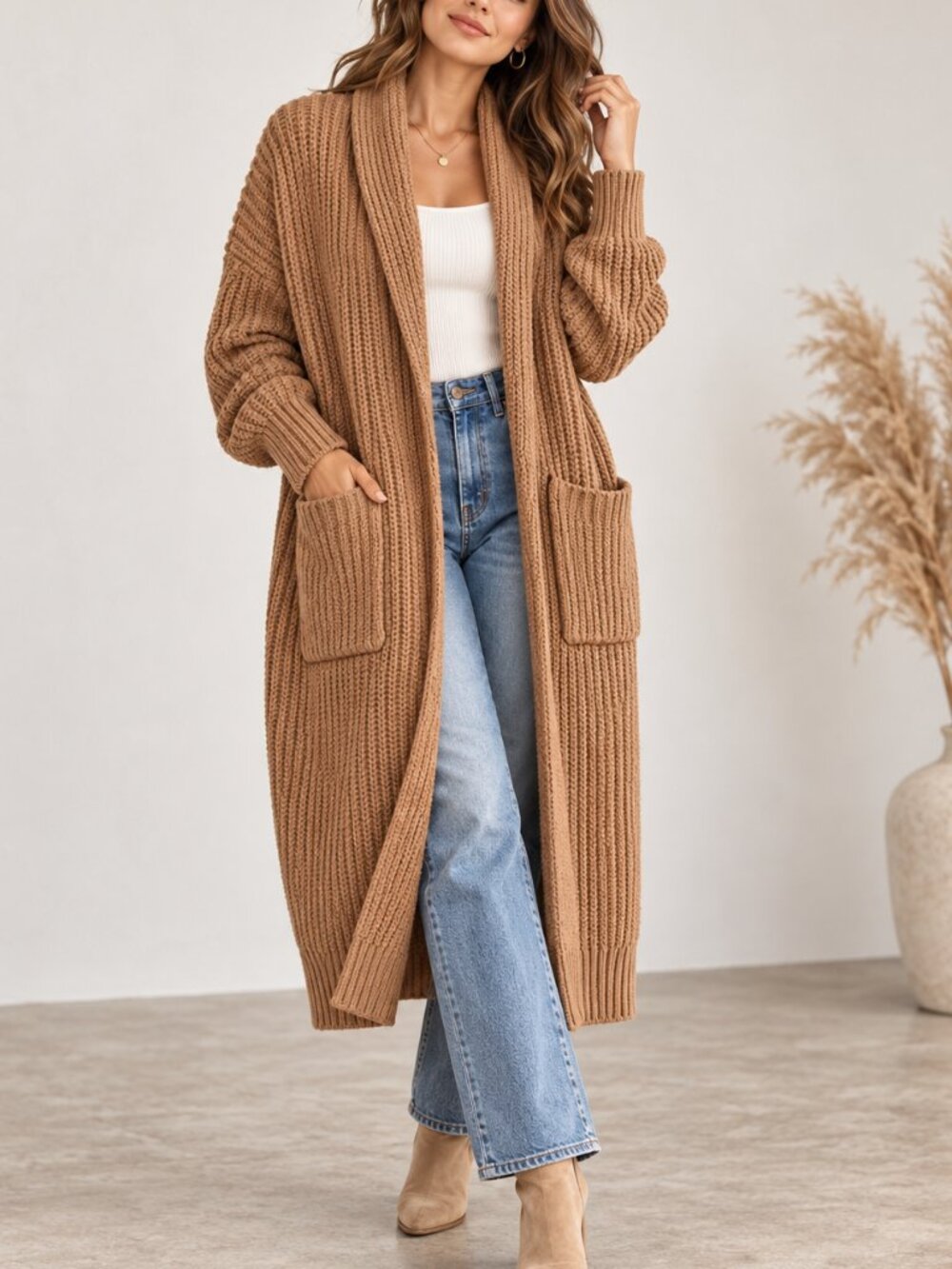 Free People Skylark Cardi XS/S Camel Brown Oversized Longline Chunky Knit Cardig